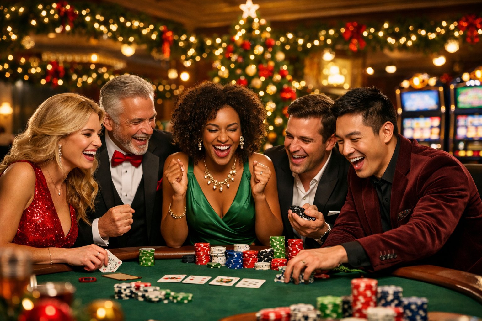 A festive casino scene with people enjoying games around a decorated table with Christmas ornaments and lights.