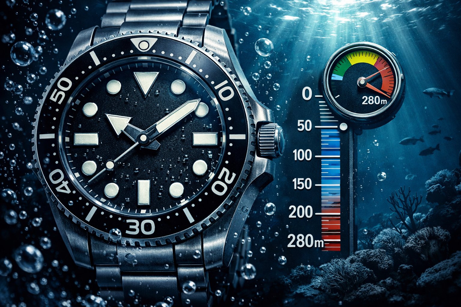 Qué Significa 28 ATM en Relojes de Buceo: Guía Completa de Resistencia al Agua 3 Reloj de buceo sumergido en el agua con burbujas y peces alrededor, mostrando su resistencia a la presión bajo el agua.