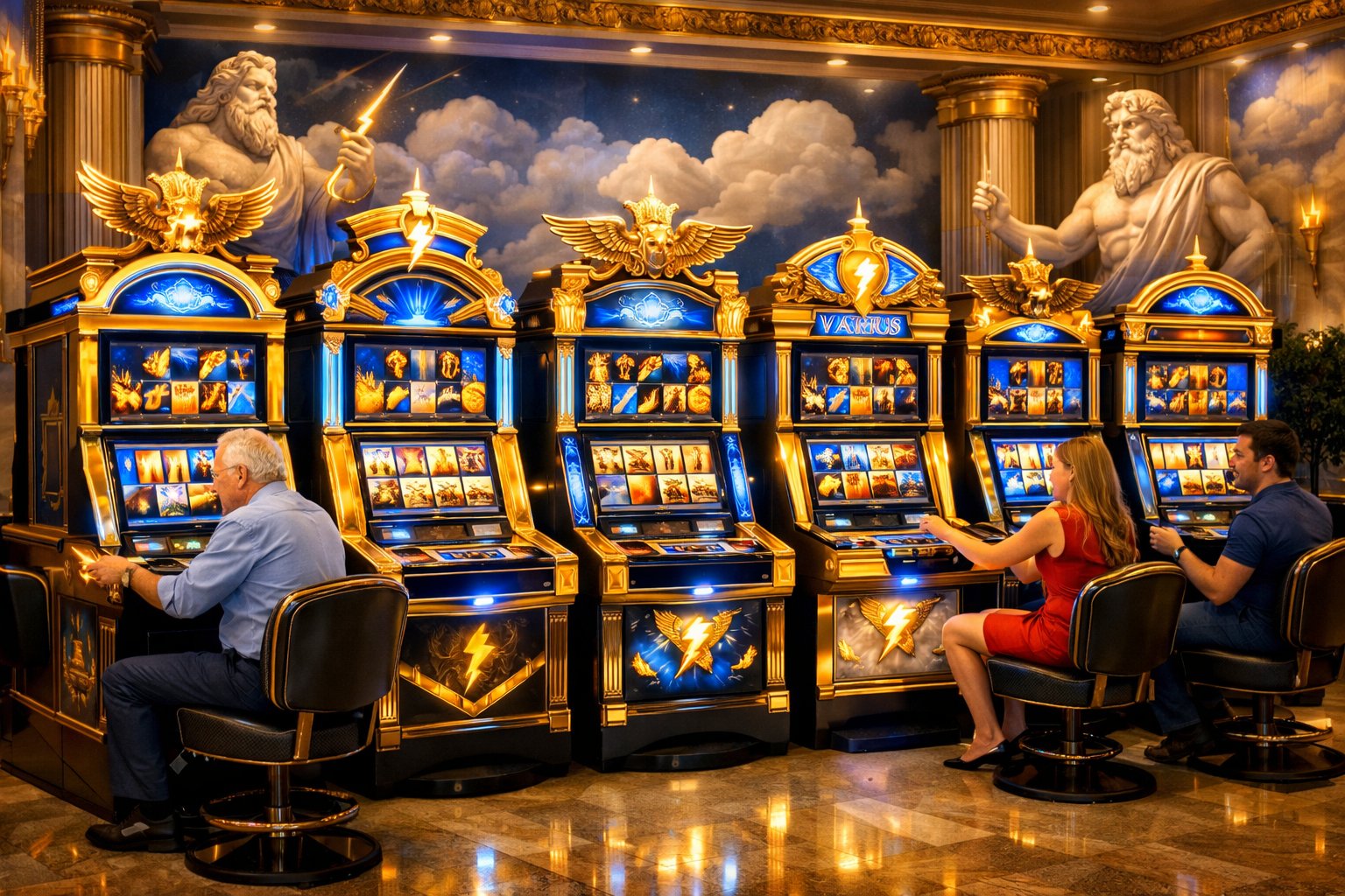 A casino area with seven Greek mythology-themed slot machines featuring lightning and eagle designs, with players enjoying the games.
