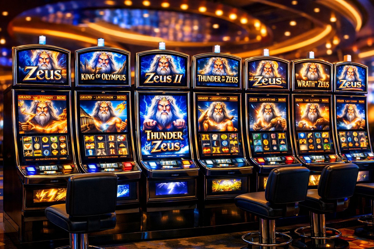 Seven Zeus-themed slot machines glowing in a modern casino setting with bright lights and Greek mythology symbols.