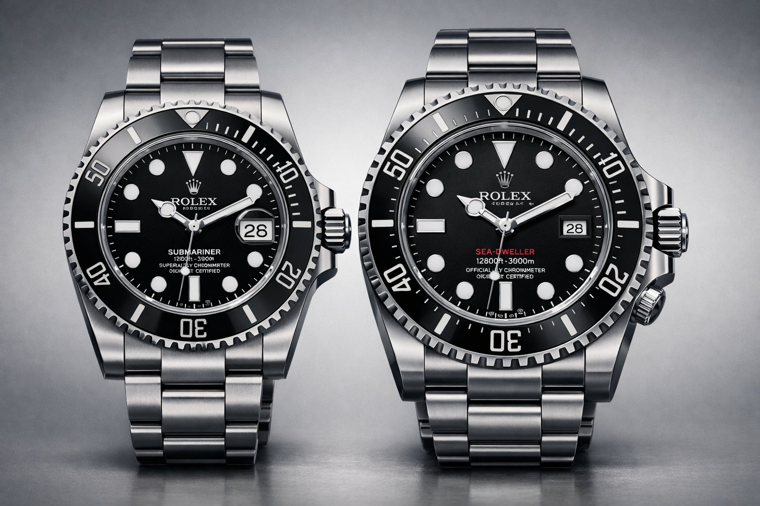 Dos relojes Rolex, un Submariner y un Sea-Dweller, mostrados uno al lado del otro para comparar sus diseños y características.