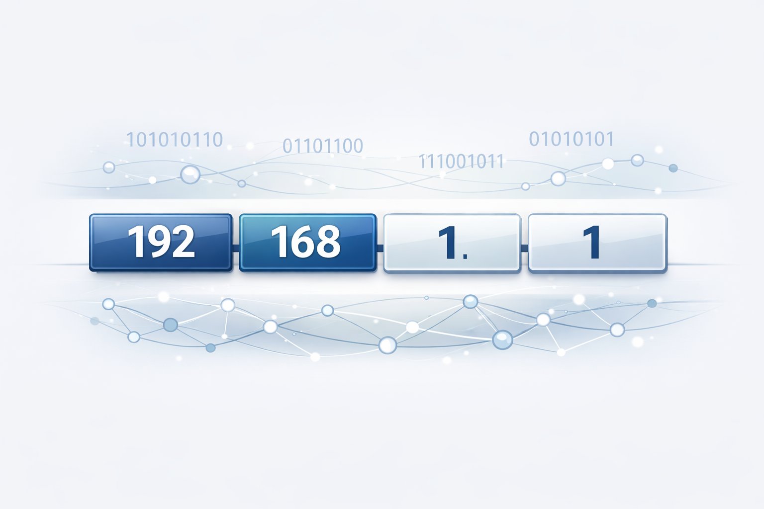 A segmented horizontal bar illustrating the four parts of an IP address with connected network nodes and binary code elements in the background.