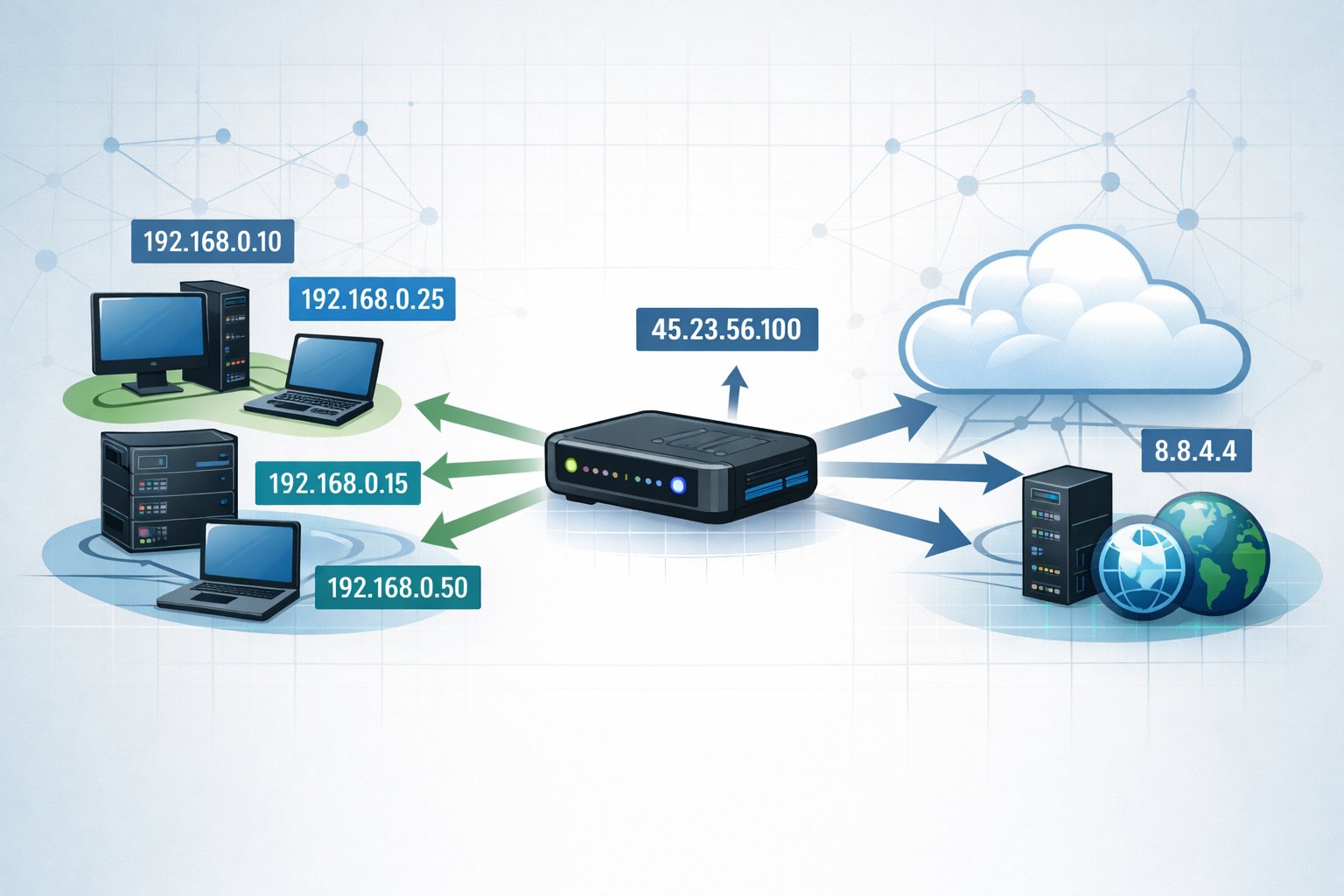 A network diagram showing computers and routers connected with arrows illustrating data flow, highlighting the translation of private IP addresses to a public IP address through a central router.