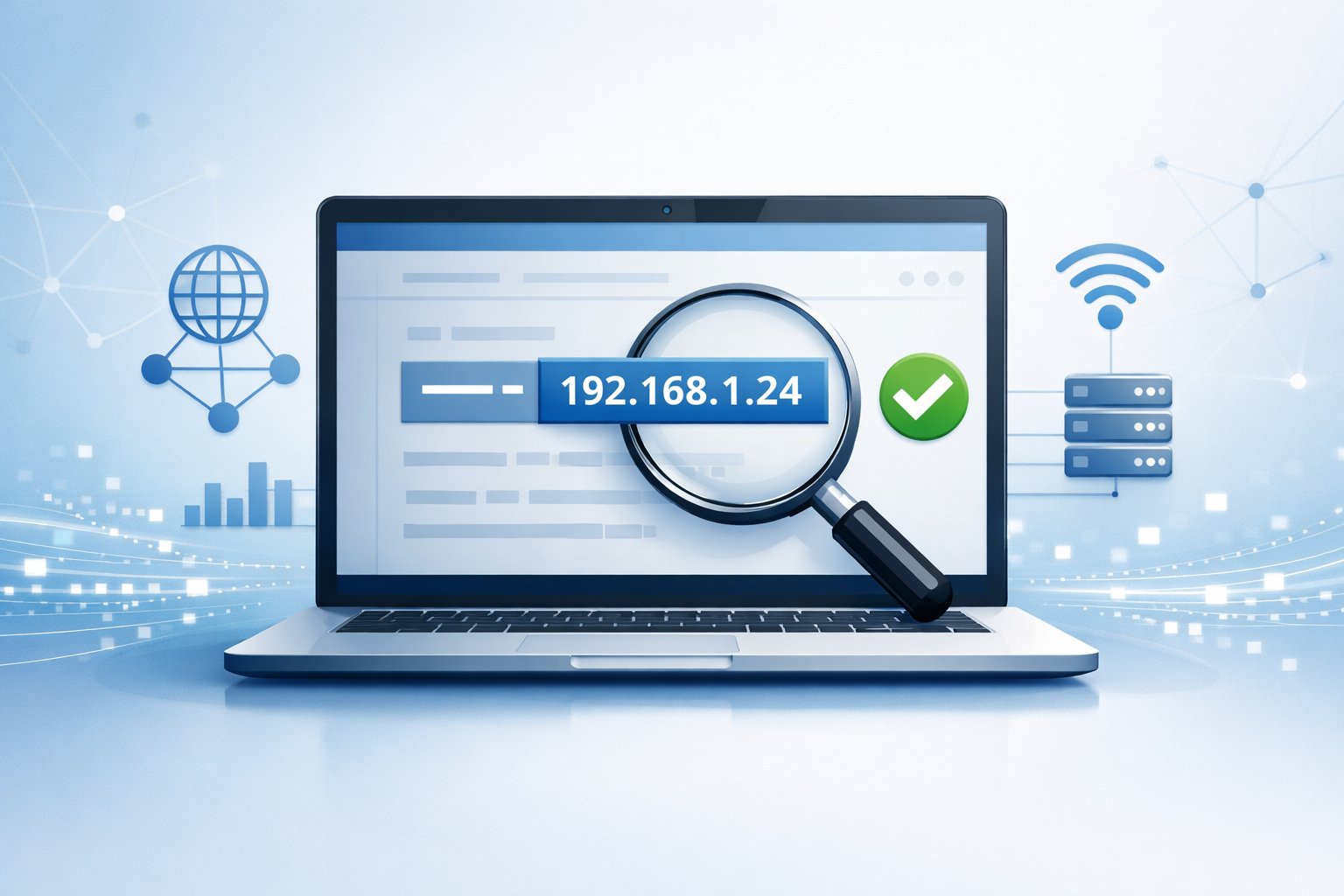 A computer screen showing a network interface with an IP address highlighted, surrounded by digital network icons and data streams.