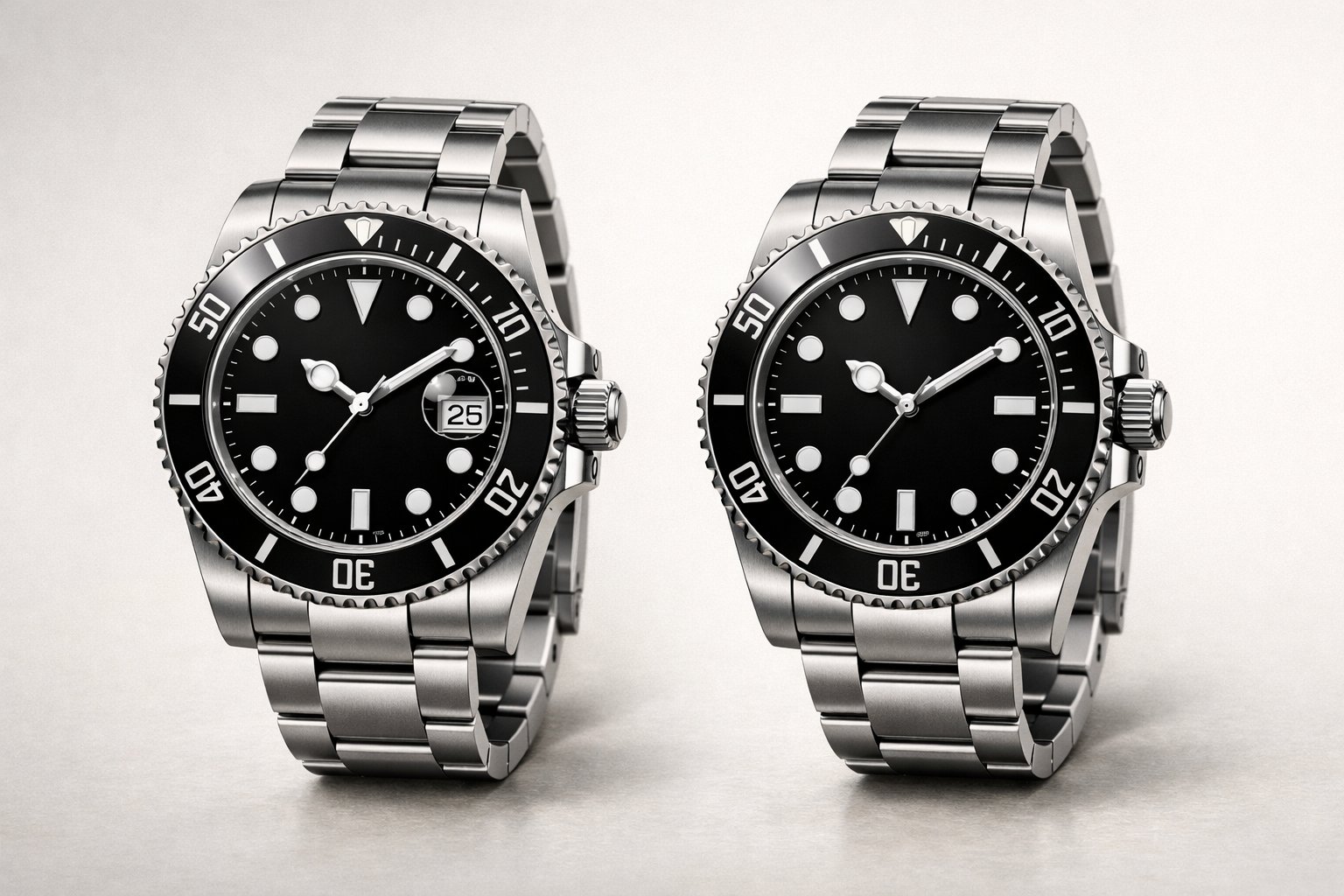 Rólex Submariner Date vs No Date: Guía Completa para Elegir el Modelo Perfecto 3 Dos relojes Rolex Submariner uno con fecha y otro sin fecha, mostrados lado a lado sobre un fondo neutro.