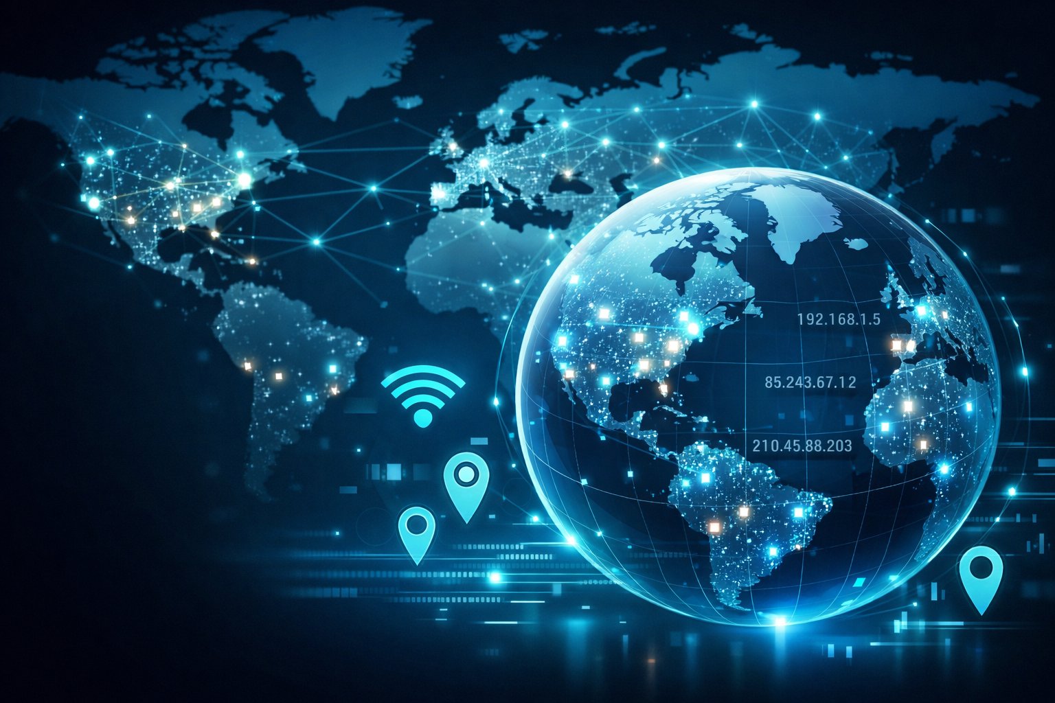A digital globe showing connected locations with glowing dots and network lines on a world map, surrounded by icons representing Wi-Fi signals and location tracking.