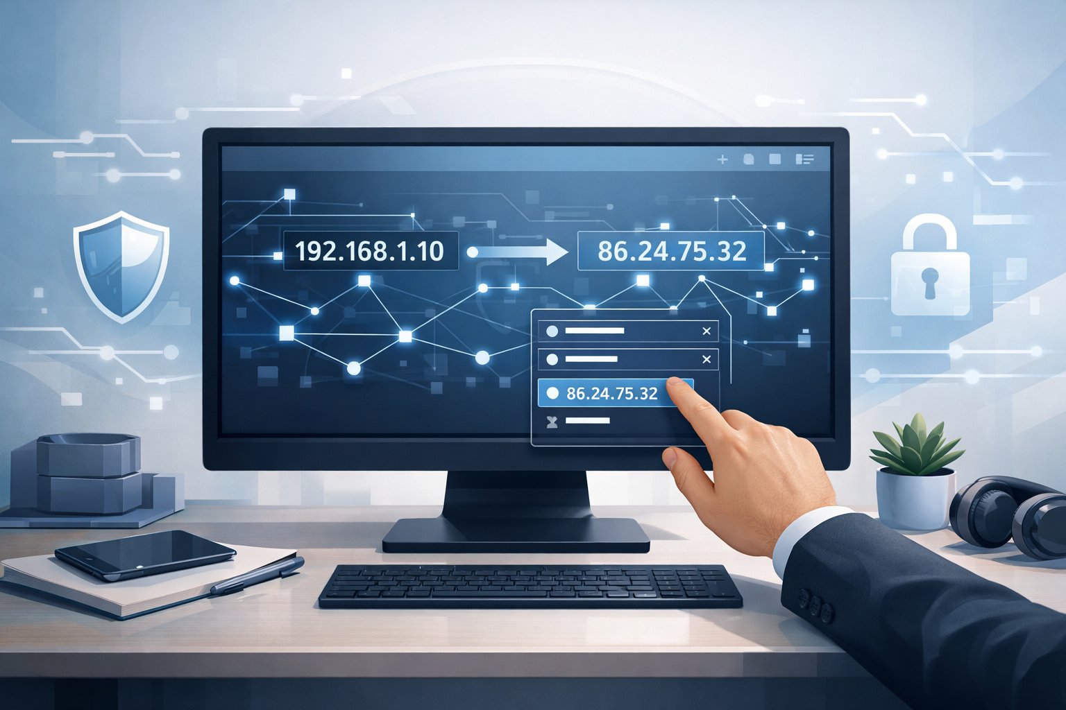 A person using a computer to manage and change IP address settings, with digital network connections and security icons around the screen.