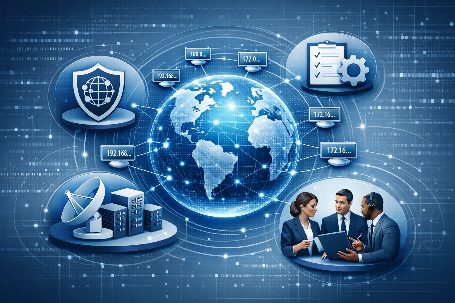 A globe surrounded by interconnected nodes representing IP addresses, with icons symbolizing standards organizations overseeing them.