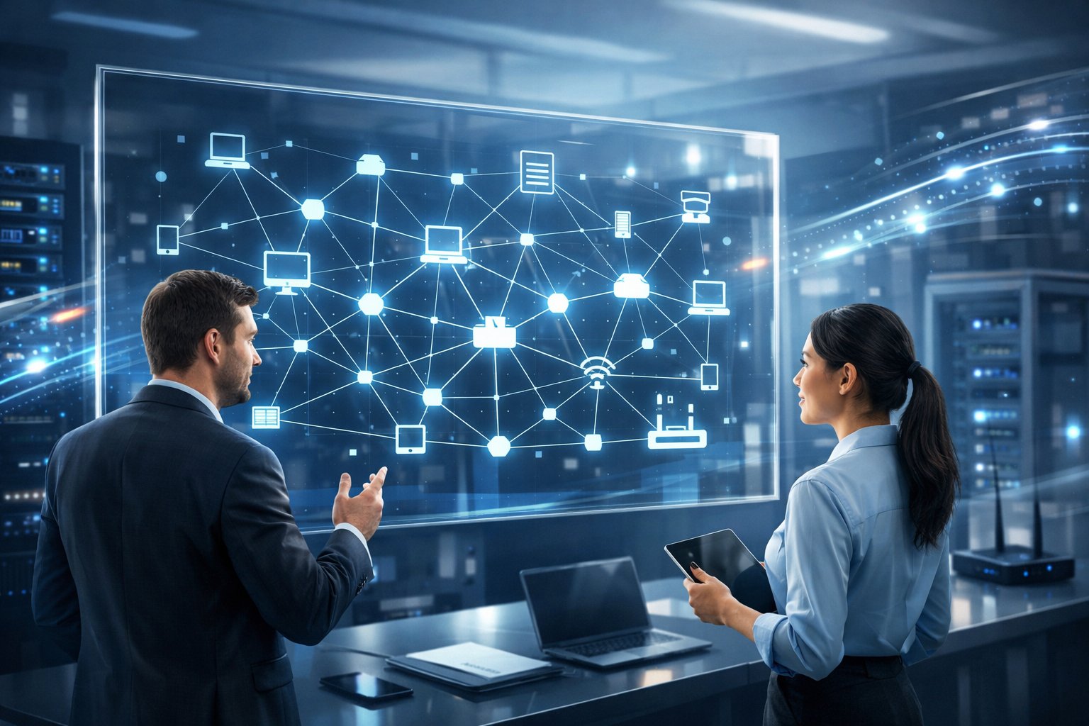 A group of professionals examining a digital network map with interconnected nodes and devices in a modern workspace.
