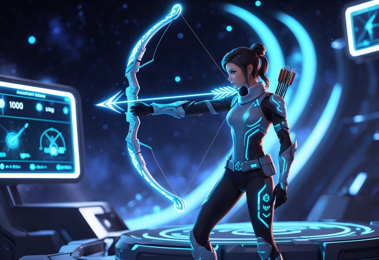 Seorang pemanah futuristik dengan busur bercahaya berdiri di platform mengambang di tengah latar belakang kosmik bertabur bintang dan elemen holografik.