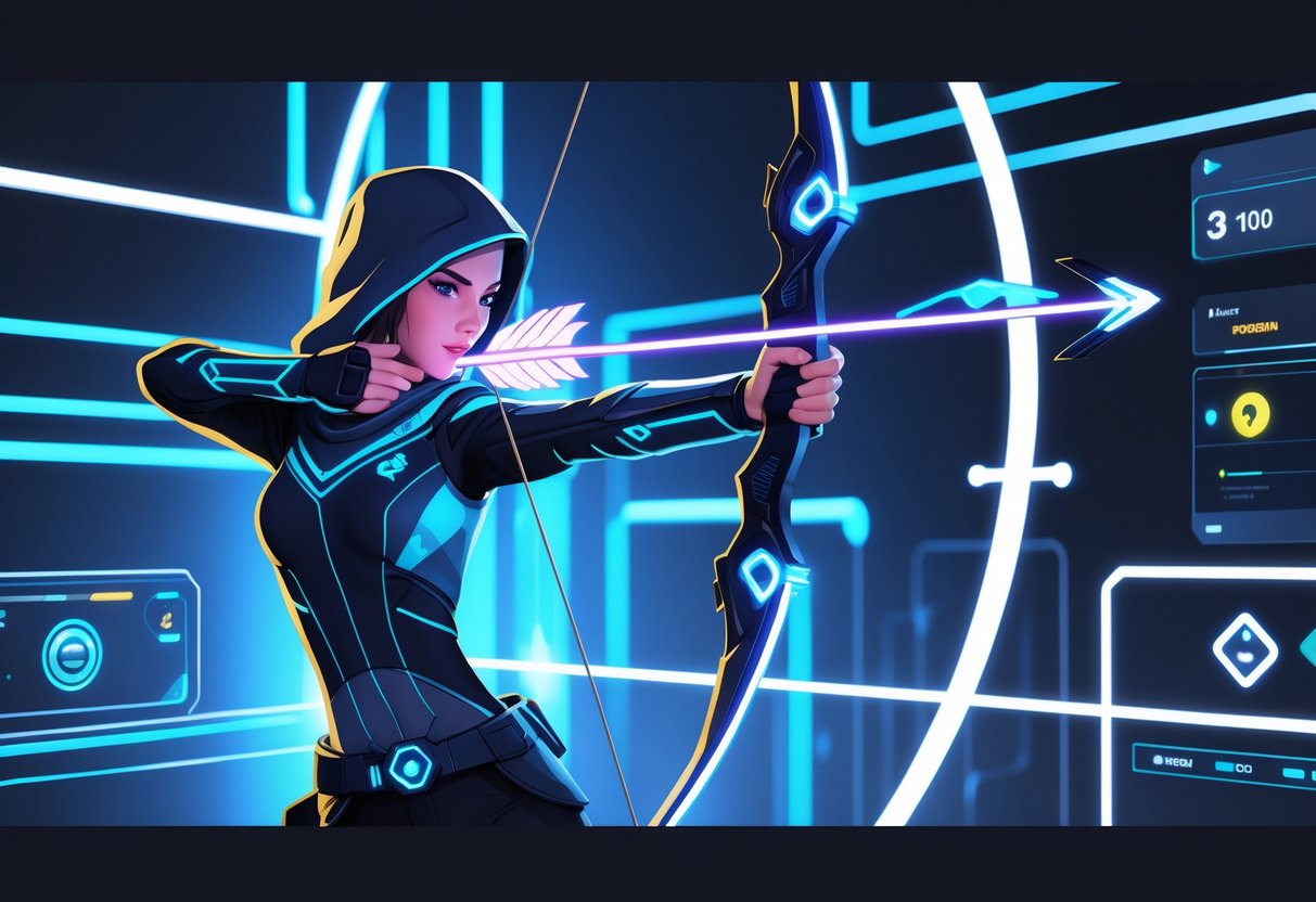 Seorang pemanah futuristik sedang menarik busur berenergi di depan latar antarmuka digital yang menampilkan elemen mekanisme permainan.