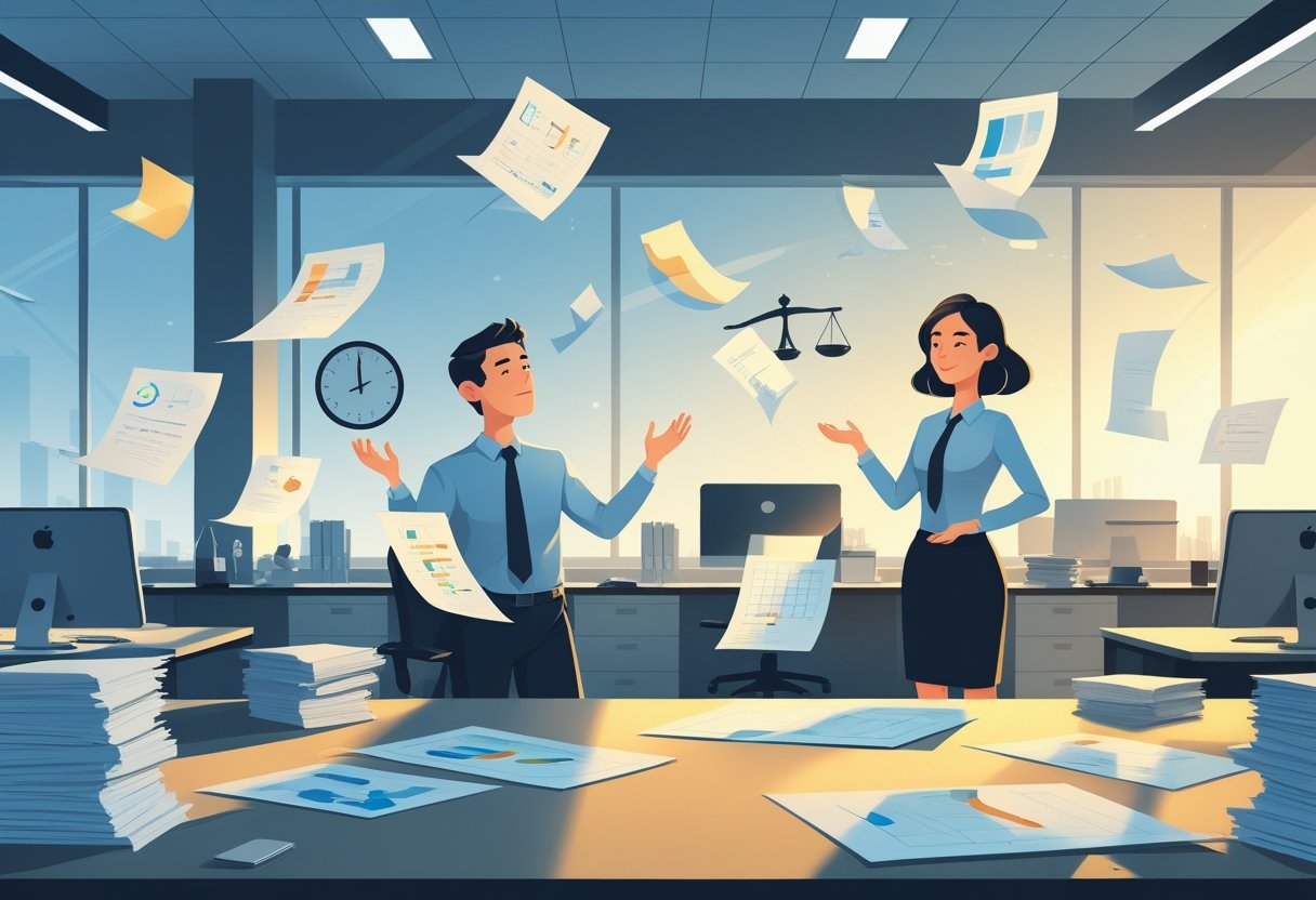 A manager overwhelmed by many unfinished tasks while a colleague calmly completes a single project in a modern office.