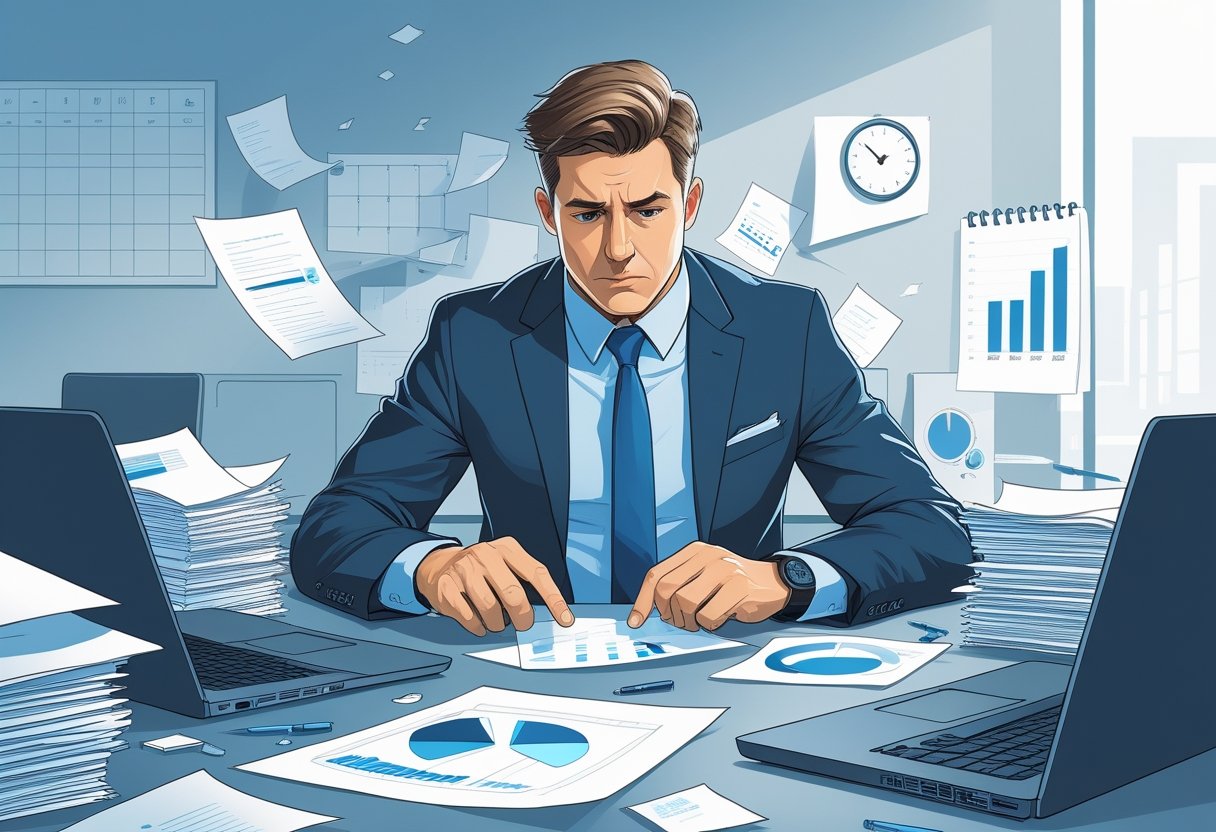A business manager in an office surrounded by unfinished projects and open laptops, looking overwhelmed and distracted while juggling multiple tasks.