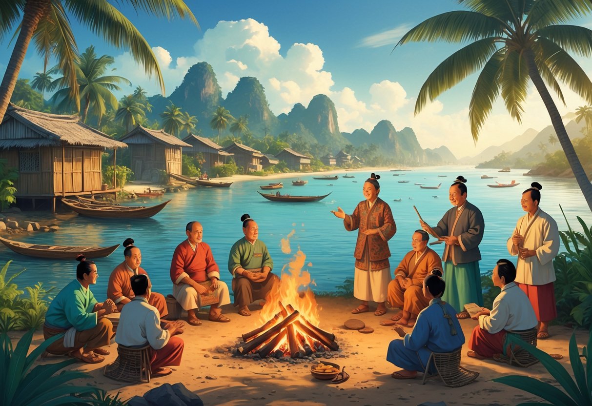 Orang Mandar mengenakan pakaian tradisional di desa pesisir dengan latar belakang rumah panggung, laut, dan pohon kelapa, sedang beraktivitas bersama.