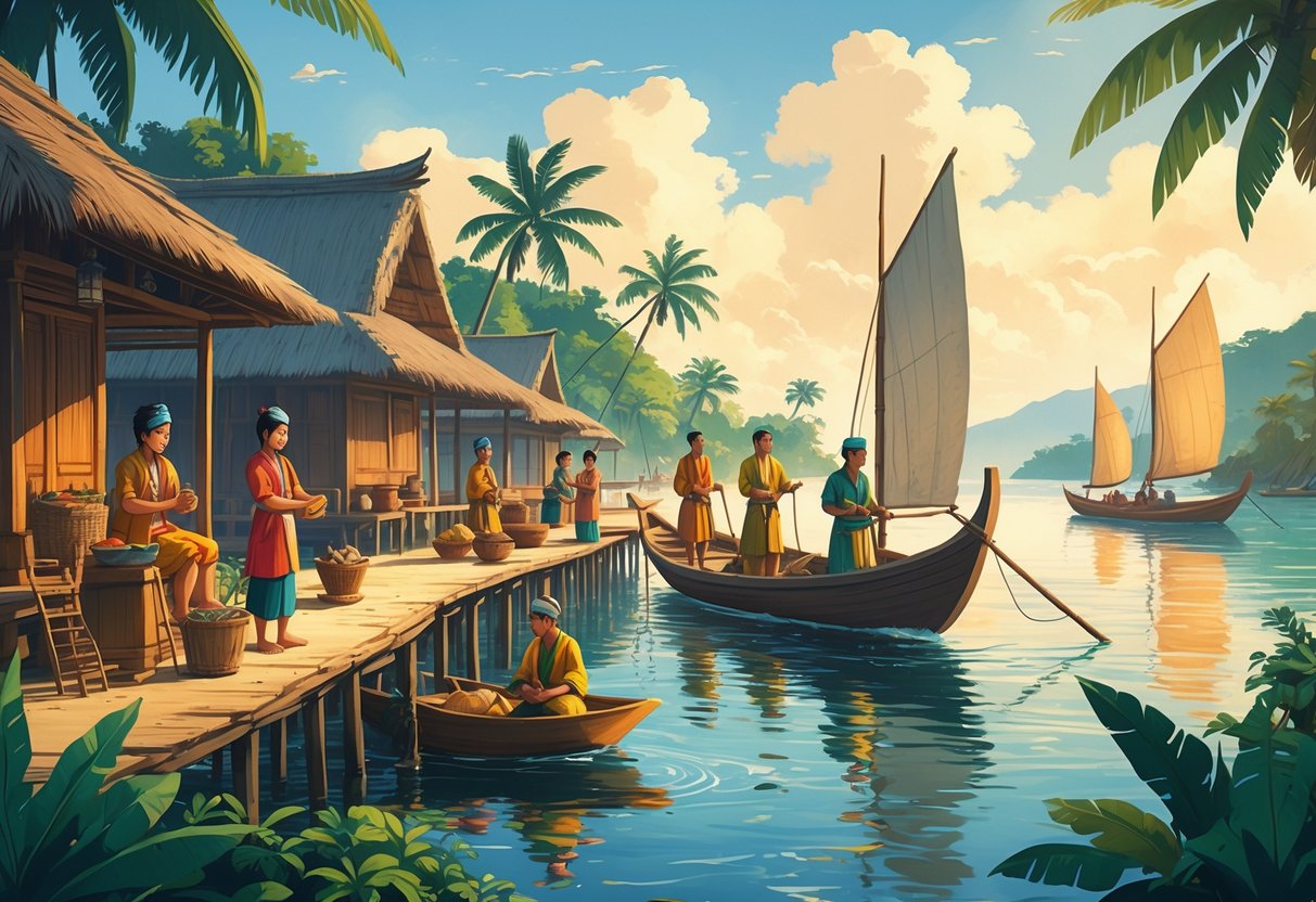 Ilustrasi orang Mandar tradisional melakukan aktivitas sehari-hari di desa pesisir dengan rumah panggung, perahu layar, dan tanaman tropis di sekitar.