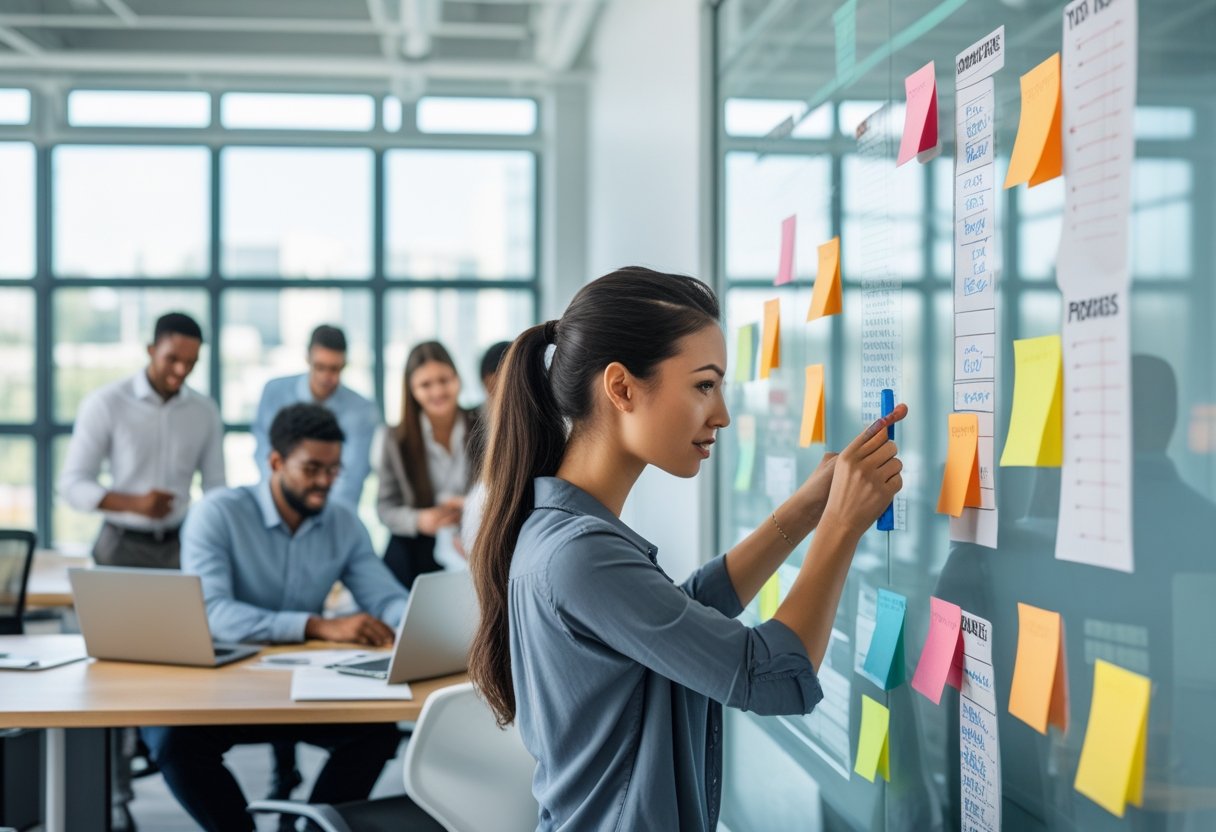 A group of diverse office workers collaborating and completing tasks in a bright, modern workspace.