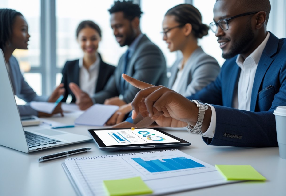 A person marking tasks as completed on a digital tablet at a desk while coworkers collaborate in the background in an office setting.