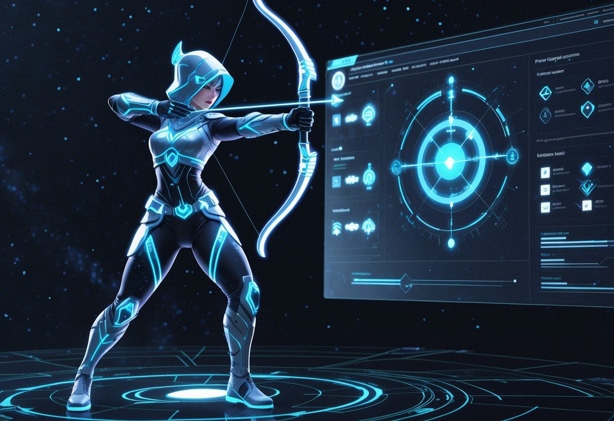 Seorang pemanah futuristik dengan baju zirah bercahaya sedang menarik busur, dikelilingi oleh elemen holografik yang menampilkan mekanisme permainan di latar belakang ruang bertabur bintang.