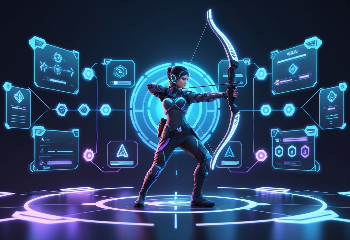 Ilustrasi seorang pemanah futuristik dengan busur menyala dikelilingi oleh panel holografis yang menggambarkan struktur gameplay dan elemen permainan.