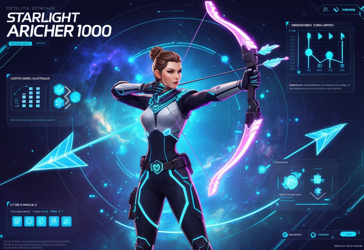 Seorang pemanah futuristik dengan busur energi di tengah latar belakang bertema kosmik, dikelilingi oleh ikon holografik yang mewakili fitur dan mekanika bonus permainan.