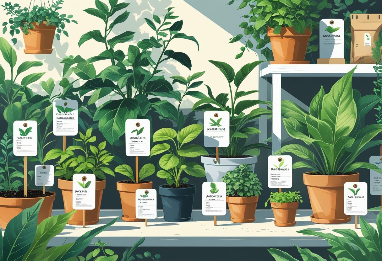 A garden scene showing various plants with labels attached, surrounded by gardening tools and seed packets.