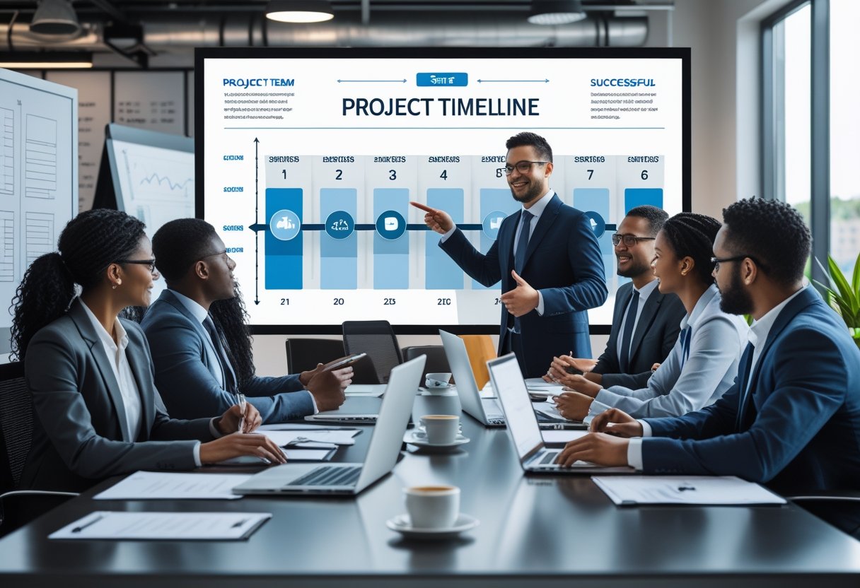 A group of professionals in a meeting room collaborating around a table with a digital screen showing a project timeline.
