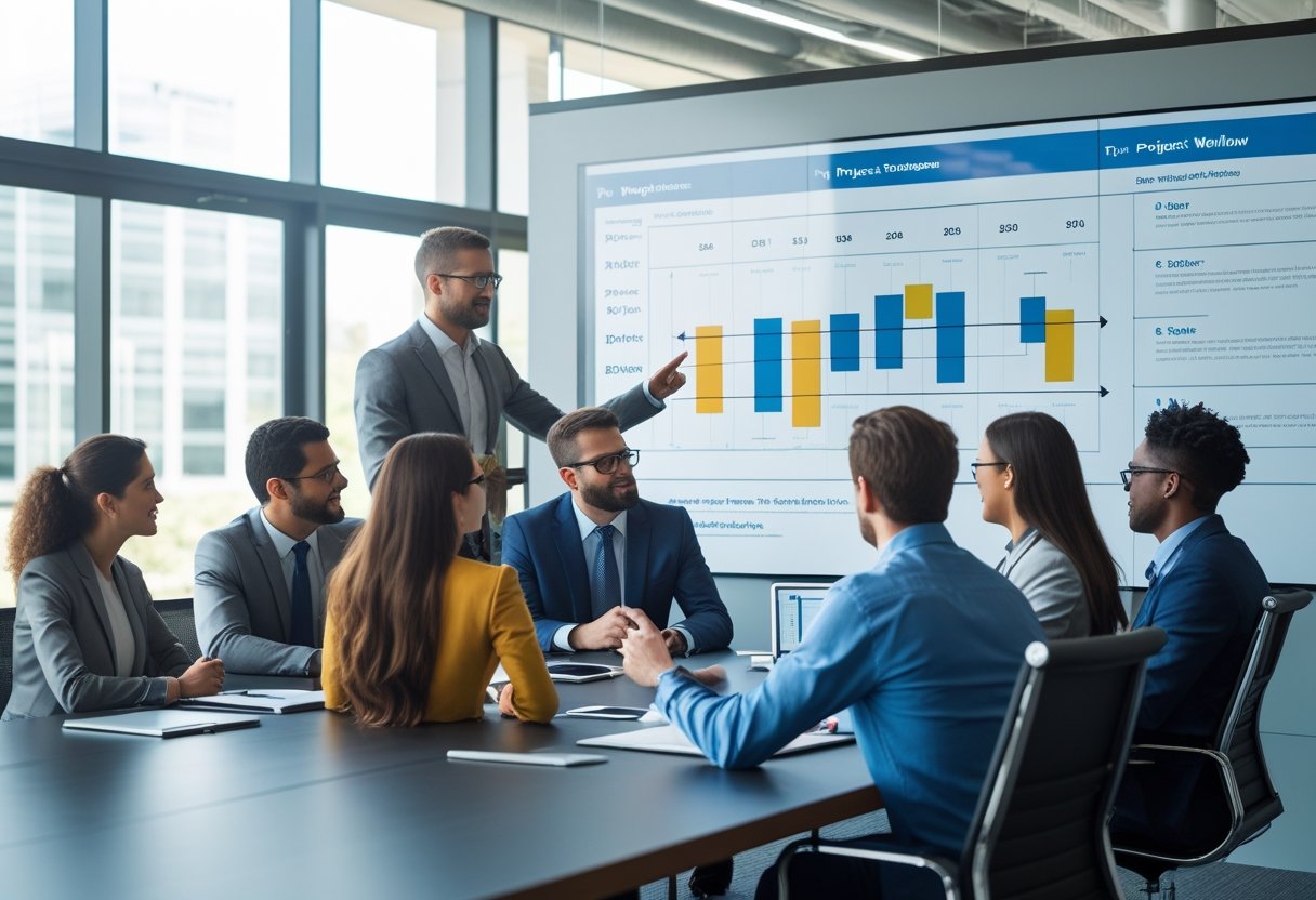 A diverse team of professionals collaborating around a conference table with project charts and a workflow diagram on a whiteboard.