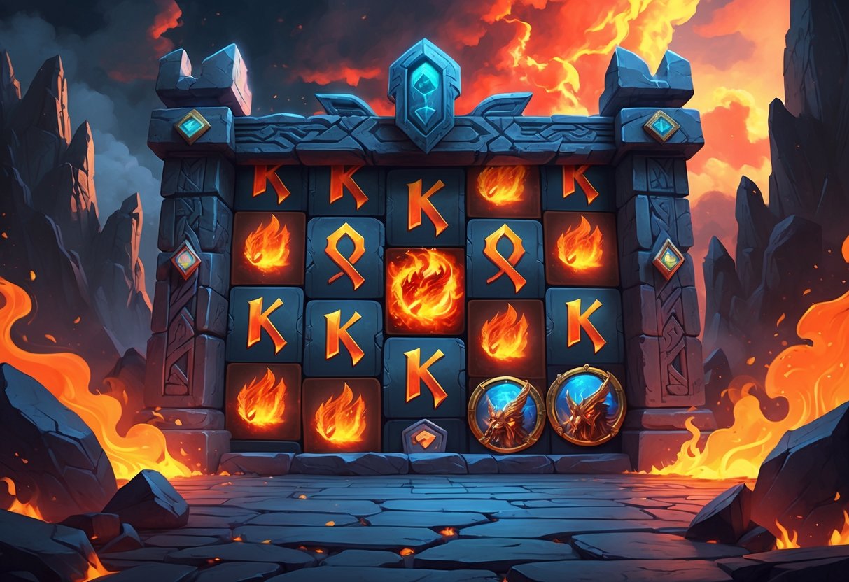 Pemandangan gerbang batu kuno dengan ukiran menyala dan gulungan mesin slot yang menampilkan simbol naga dan api di latar belakang langit gelap berawan.