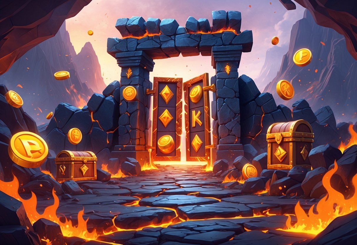 Gerbang api kuno dengan simbol-simbol slot seperti naga api, koin emas, dan peti harta di latar belakang gunung berapi yang berapi-api.