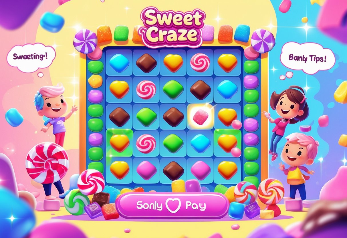 Ilustrasi adegan permainan bertema permen dengan berbagai permen warna-warni dan karakter yang menikmati permainan.