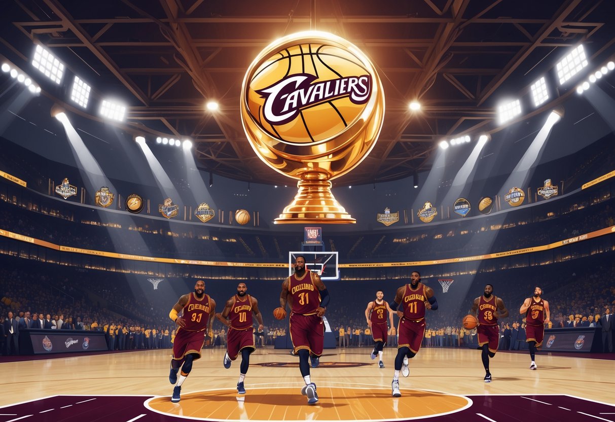 Ilustrasi pemain bola basket Cleveland Cavaliers sedang bermain di lapangan dengan trofi kejuaraan besar di latar belakang.