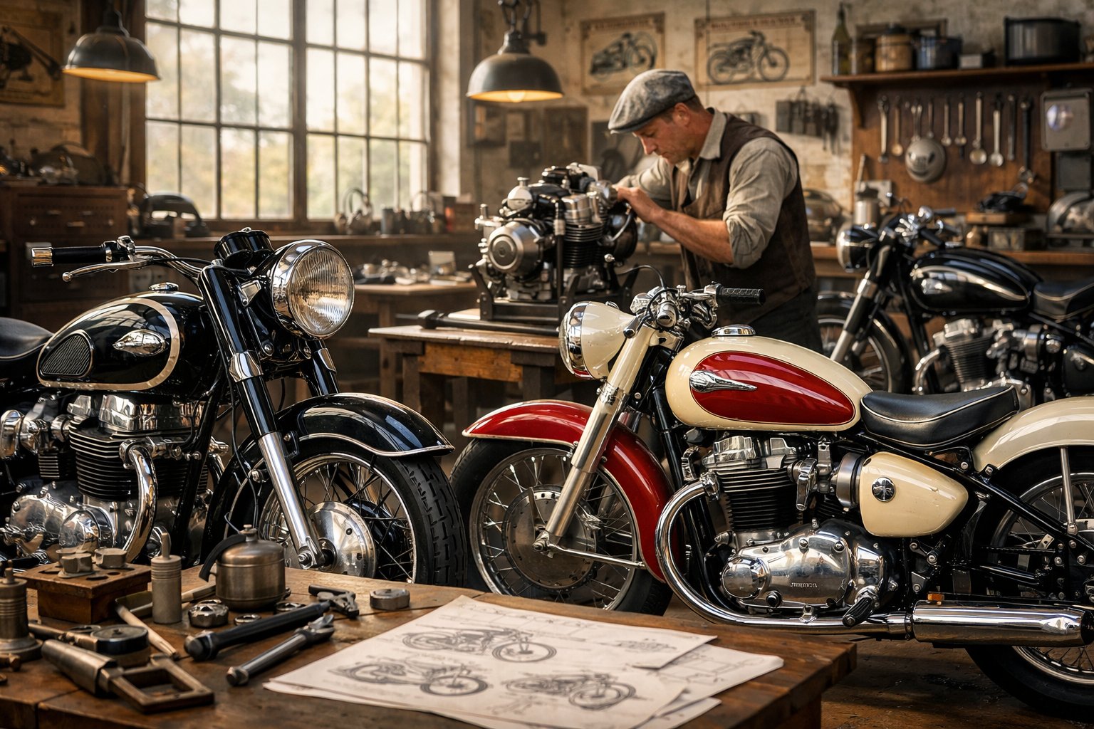 A vintage motorcycle workshop with classic motorcycles and a mechanic tuning an engine.
