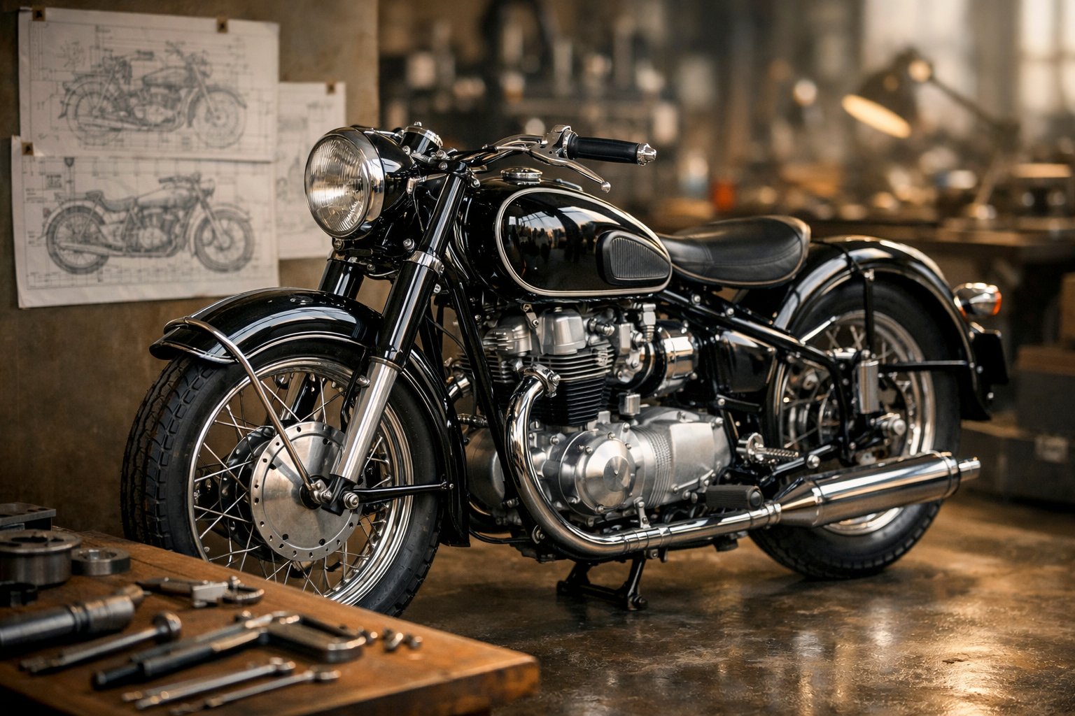 A vintage post-war motorcycle displayed in a workshop with engineering blueprints and tools nearby.
