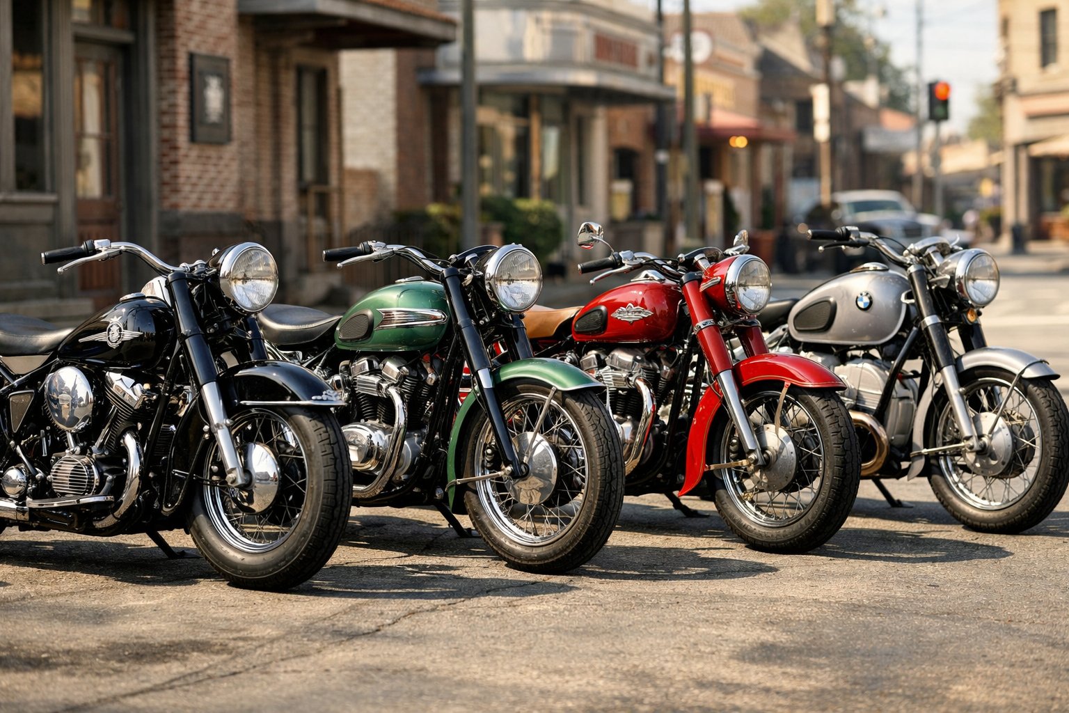 A lineup of classic post-war motorcycles parked on a vintage urban street with mid-20th century buildings in the background.