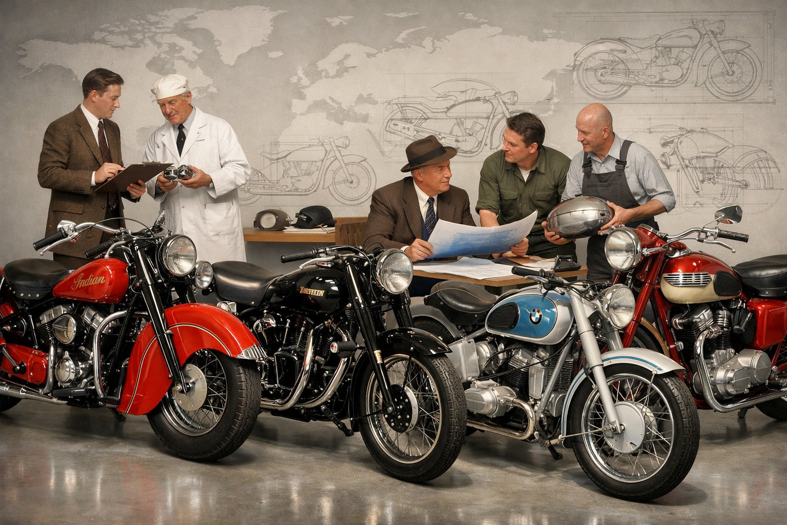 A group of people examining and discussing several motorcycles from the post-war era displayed in a studio setting.