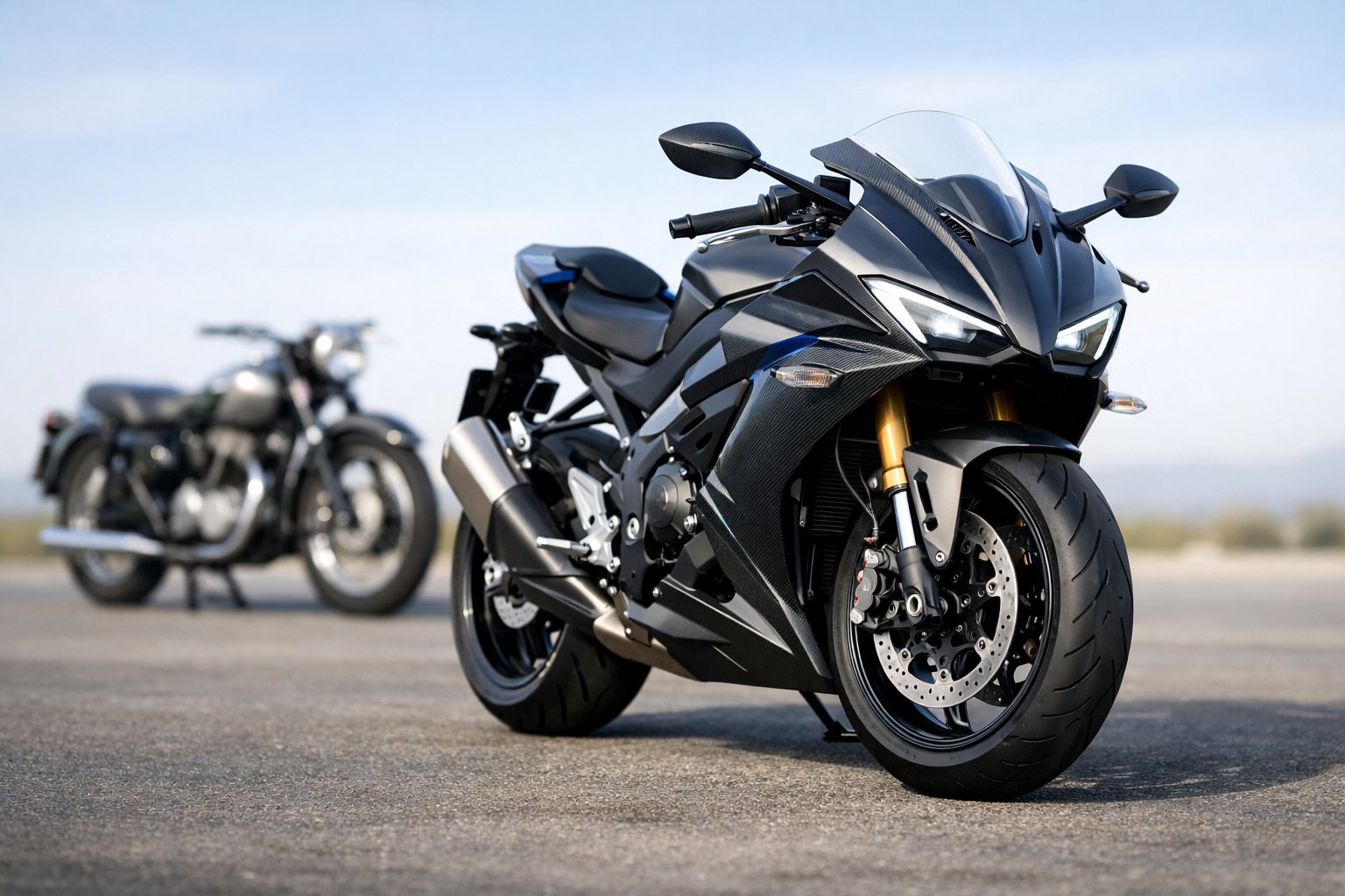 A modern motorcycle in the foreground with a vintage post-war motorcycle blurred in the background outdoors.