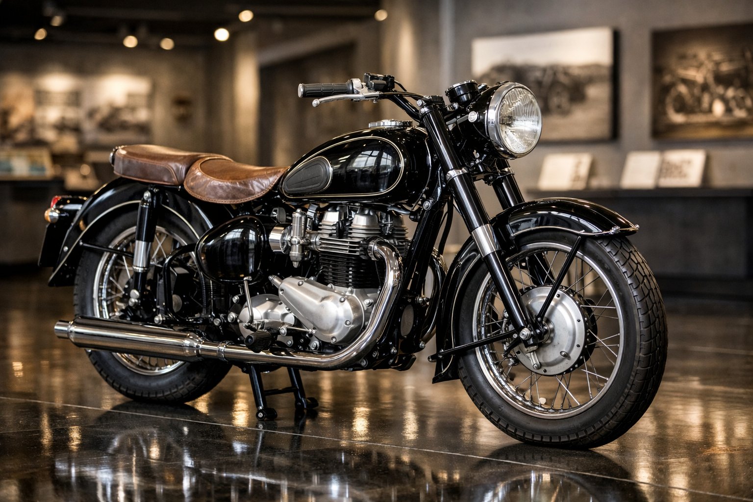 A classic post-war motorcycle displayed in a museum setting with polished floors and soft lighting.