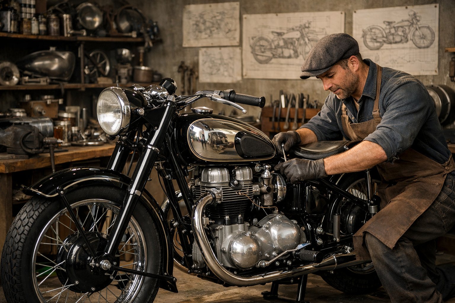 A mechanic restoring a vintage motorcycle in a workshop filled with tools and design sketches.