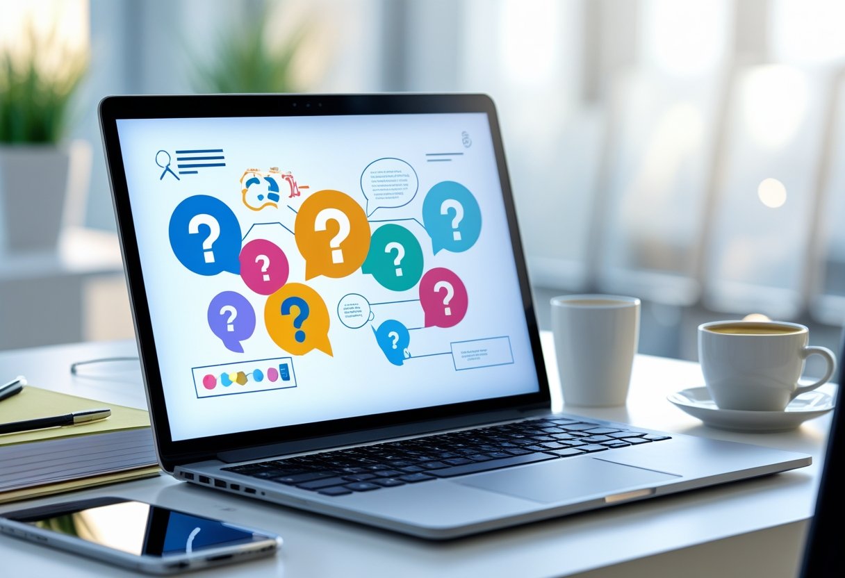 Ein moderner Arbeitsplatz mit einem Laptop, der bunte Symbole f&uuml;r Fragen und Antworten zeigt, umgeben von B&uuml;roartikeln wie Notizblock, Stift und Kaffeetasse.