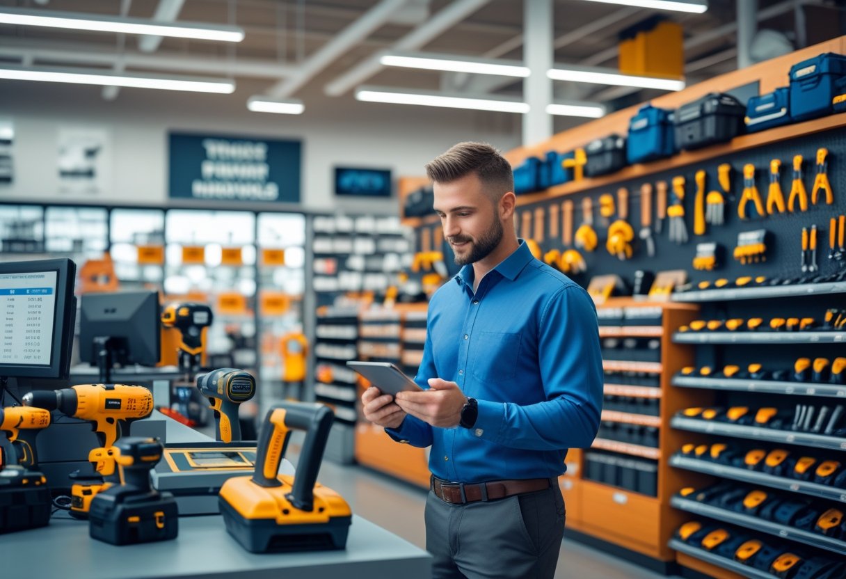 Wie du die Rentabilität deines Werkzeuggeschäfts verbesserst 1 Ein Geschäftsmann überprüft in einem gut organisierten Werkzeugladen mit Werkzeugen und Geräten die Bestände auf einem Tablet.