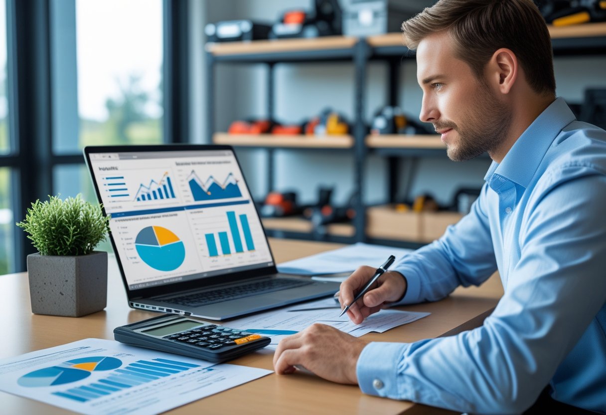 Wie du die Rentabilität deines Werkzeuggeschäfts verbesserst 2 Eine Person analysiert Geschäftsdaten an einem Schreibtisch mit Laptop und Werkzeugen im Hintergrund.