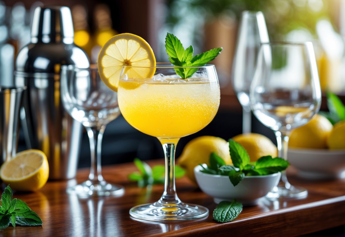 A Limoncello Spritz cocktail in a wine glass garnished with lemon and mint on a wooden bar counter with glassware and fresh ingredients nearby.