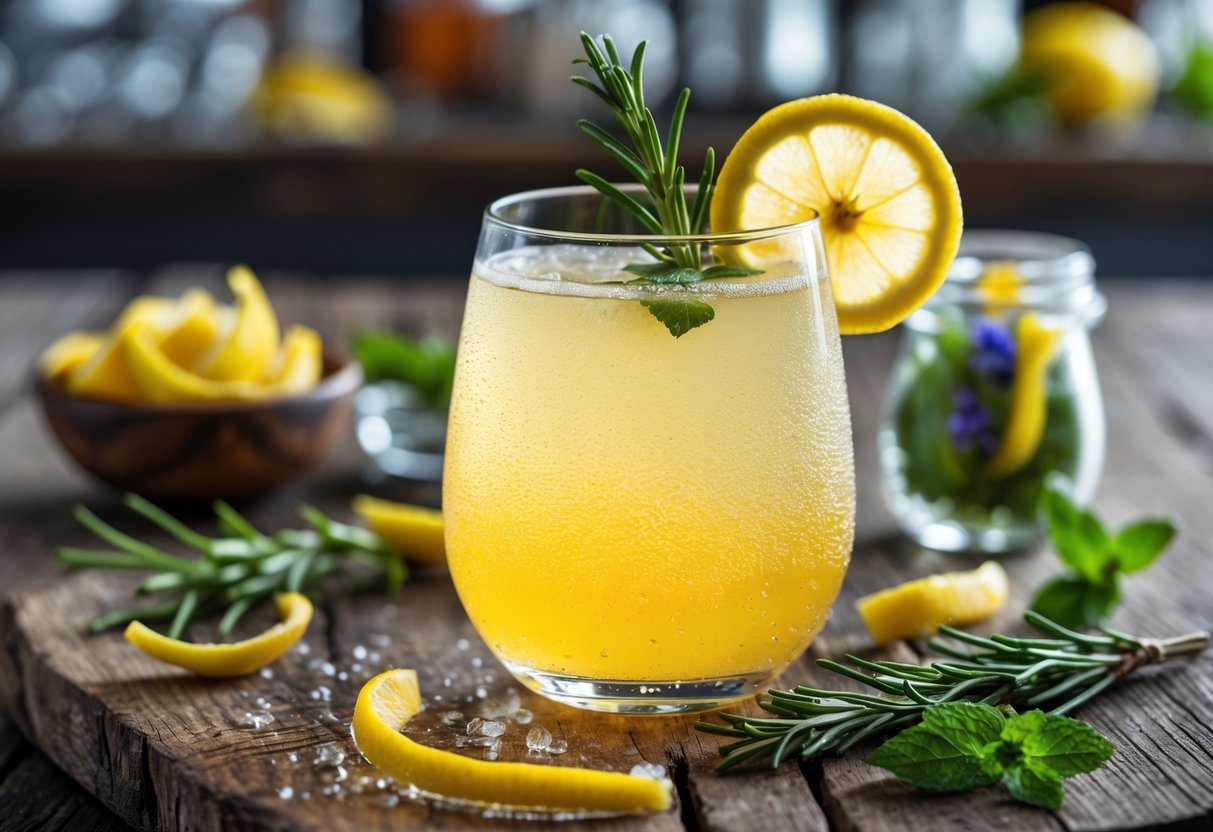 A glass of Limoncello Spritz cocktail garnished with lemon and rosemary on a wooden table with various garnishes nearby.