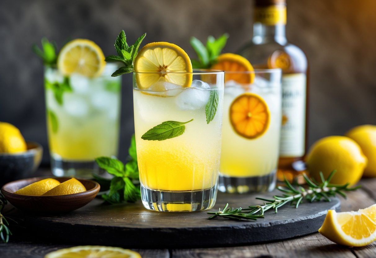 Three glasses of Limoncello Spritz cocktails with lemon and herb garnishes arranged on a wooden table with fresh lemons and a bottle of Limoncello nearby.