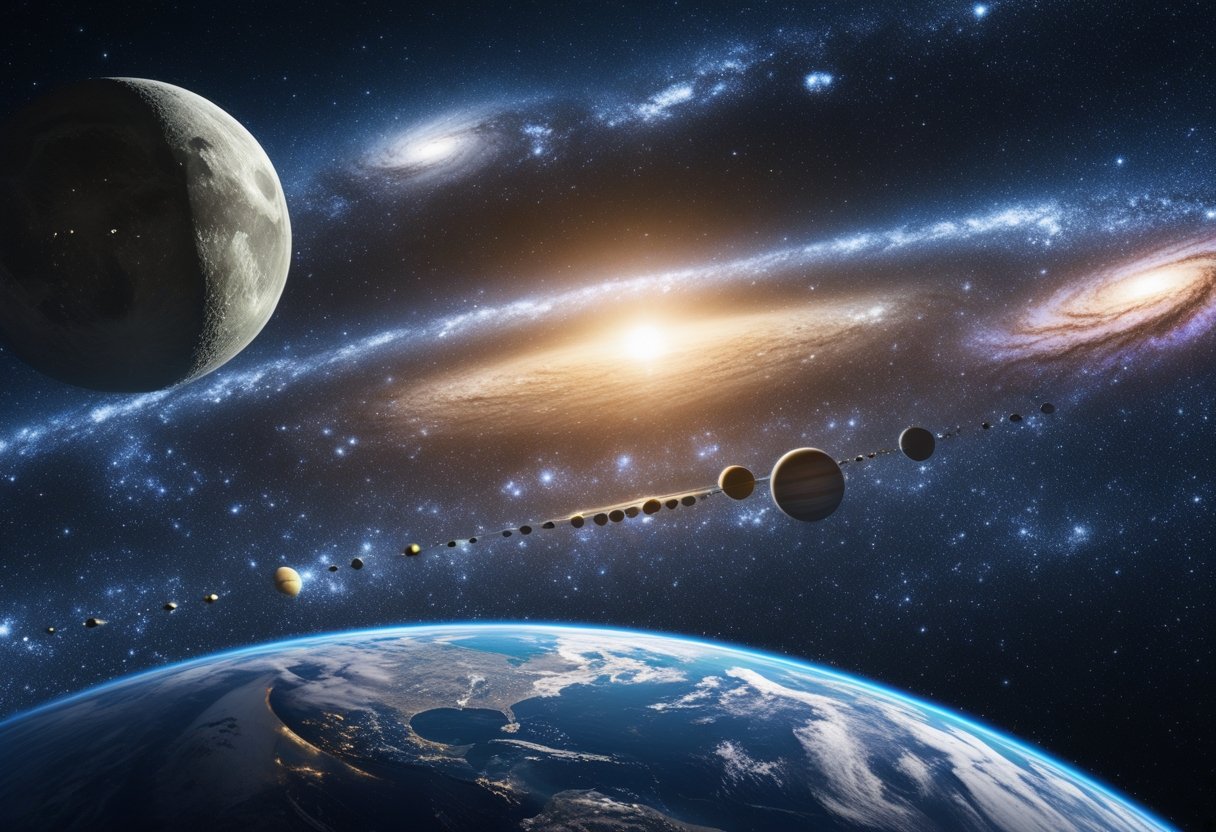 A detailed cosmic scene showing Earth, the Moon, the Sun, planets, stars, a spiral galaxy, and distant galaxies to illustrate the immense size of the universe.