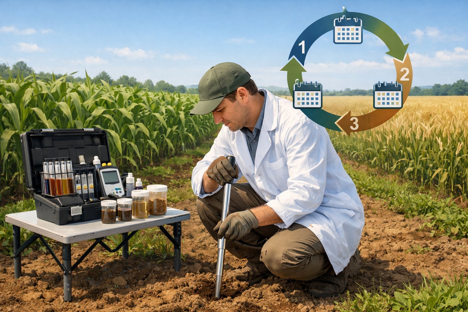A scientist collecting soil samples in a crop field with soil testing equipment and a calendar graphic indicating a three-year interval.
