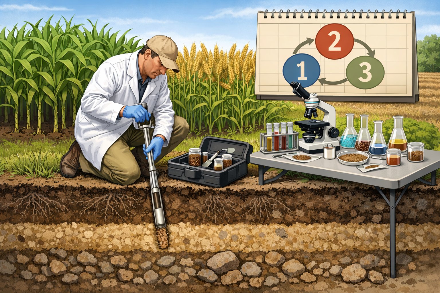 A scientist collecting soil samples from a field with crops growing above, surrounded by soil analysis equipment and a calendar showing a three-year cycle.
