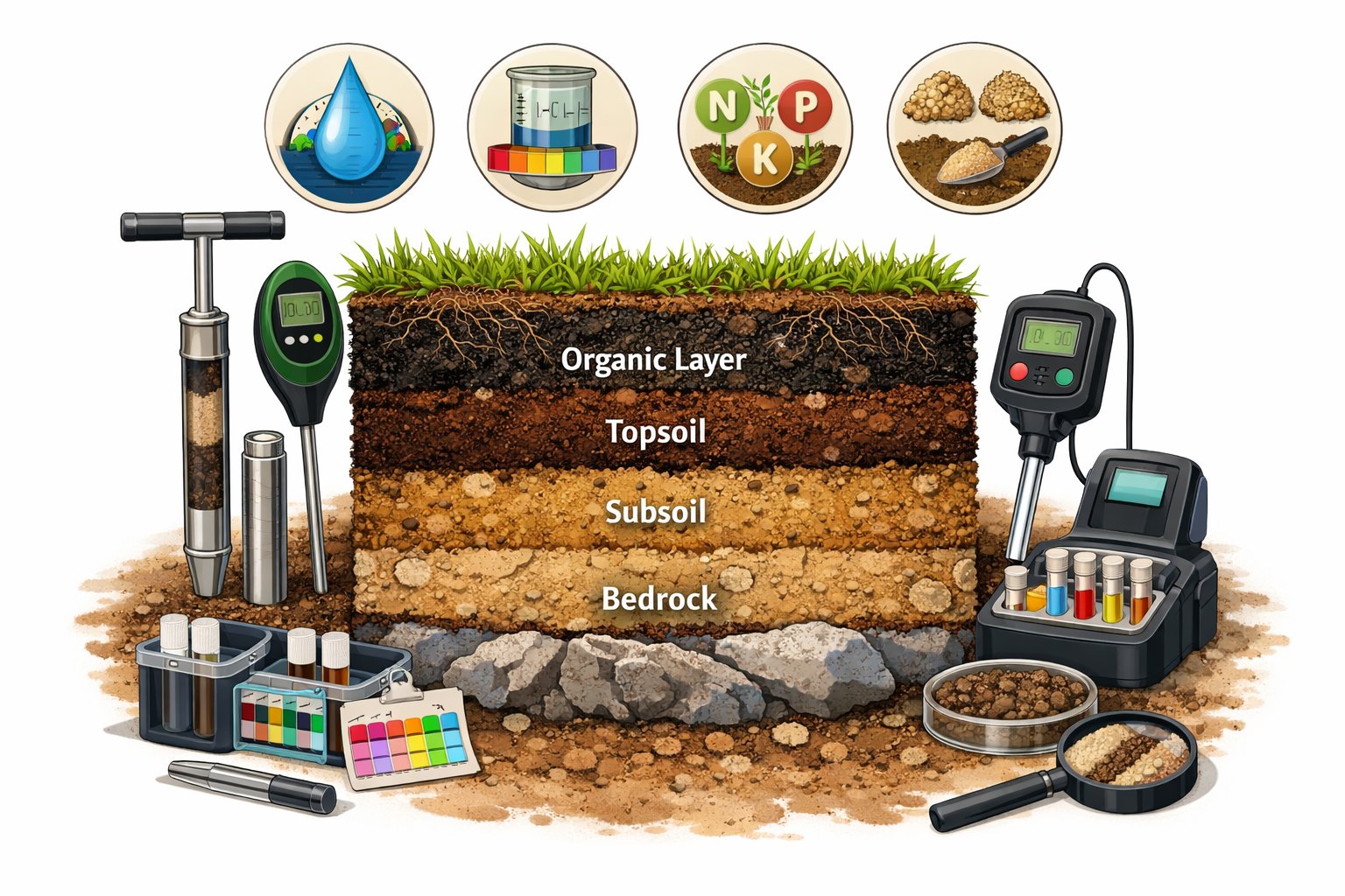 Cross-sectional view of soil layers with soil testing tools measuring moisture, pH, and nutrients.