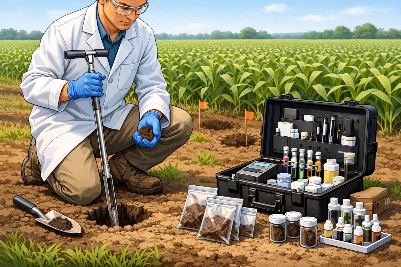 A person collecting soil samples in a field using a soil probe, with soil testing equipment nearby and crops growing in the background.