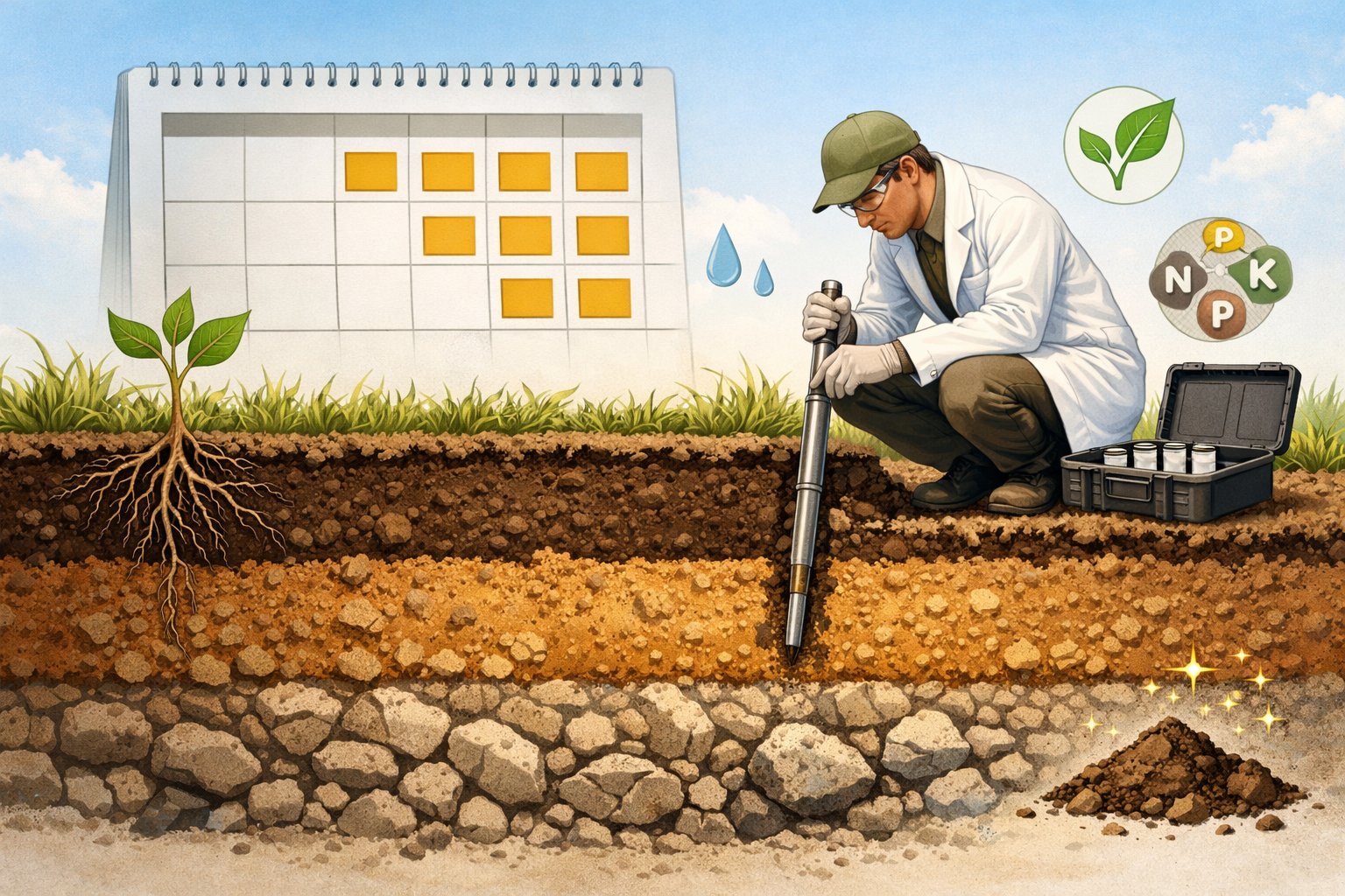 A scientist collecting soil samples from layered soil with a calendar showing a three-year cycle in the background.